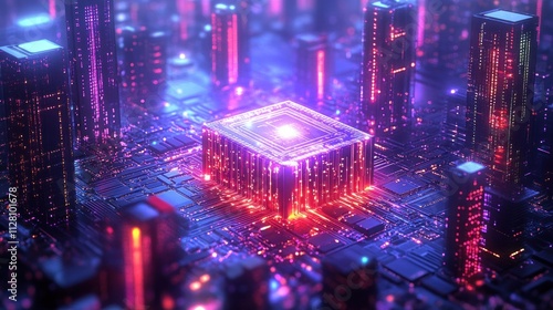 Futuristic Microchip with Glowing Circuits in Cyberpunk Style and High-Tech Lab Environment