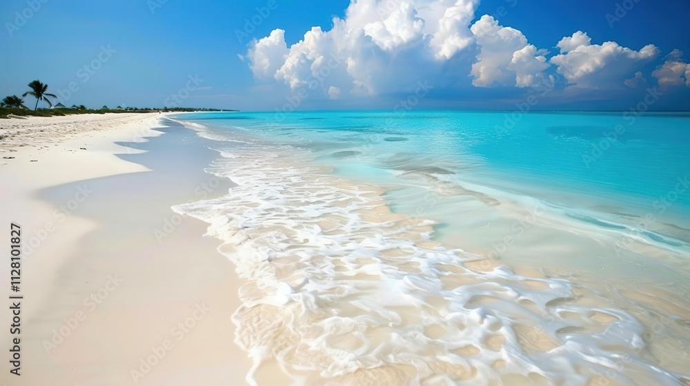 Beautiful Sandy Beach with Soft Blue Ocean Wave, Golden Sand, Gentle Ripple, Ideal Place for Relaxation and Enjoying the Seaside Scenery. Beautiful Sandy Beach with Soft Blue Ocean Wave, Golden Sand, Gentle Ripple, Ideal Place for Relaxation and Enjoying the Seaside Scenery.