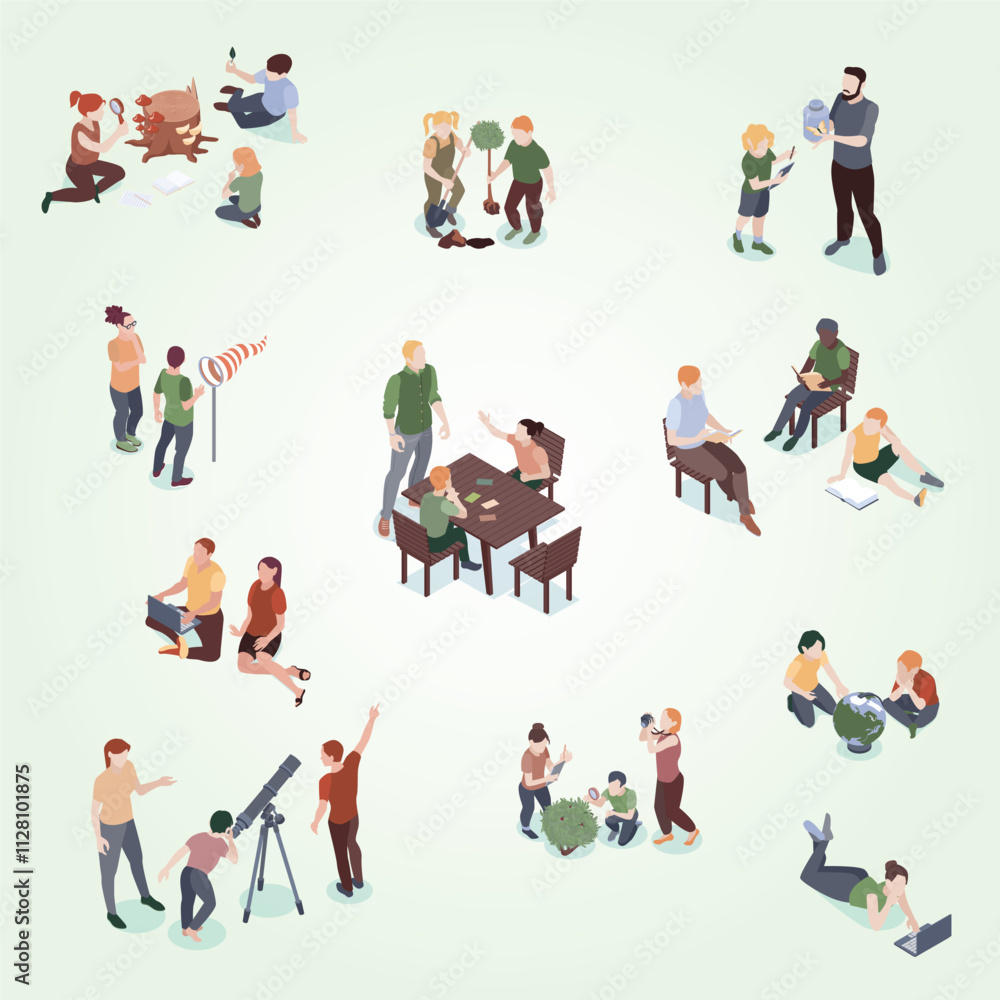 Isometric nature study color set of isolated icons with human characters of children exploring outside world vector illustration Isometric nature study color set of isolated icons with human characters of children exploring outside world vector illustration
