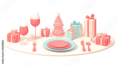 Festive Table Setting with Christmas Gifts and Drinks in a Playful 3D Style, Perfect for Celebrating the Holiday Season with Friends and Family Gatherings