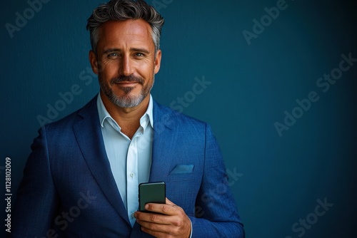 Businessman in Suit Holding Smartphone Smiling Against Blue Background