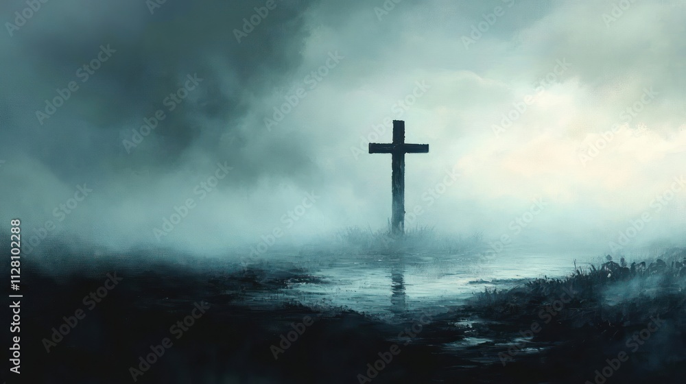 Solitary Cross in a Misty Seascape with Ethereal Light and Spiritual Reflection Solitary Cross in a Misty Seascape with Ethereal Light and Spiritual Reflection