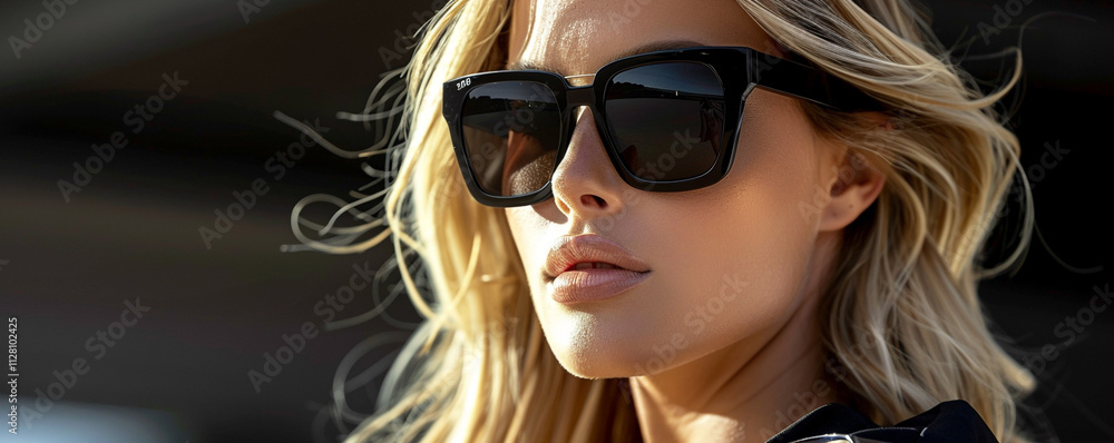 Glamorous blonde model in stylish black sunglasses, highlighted against a smooth black blur backdrop. The portrait captures a contemporary fashion essence Glamorous blonde model in stylish black sunglasses, highlighted against a smooth black blur backdrop. The portrait captures a contemporary fashion essence