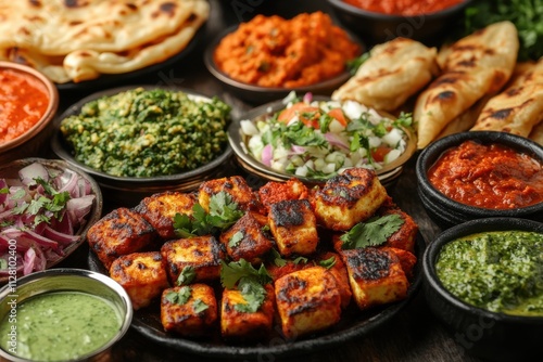 Festive indian cuisine feast local market food photography rustic setting close-up culinary delight photo