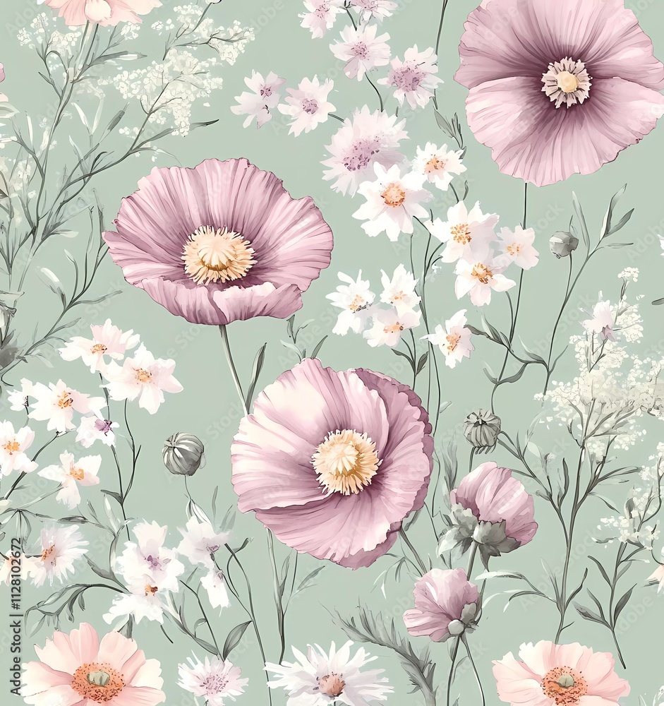 custom made wallpaper toronto digitalA seamless pattern of watercolor pastel pink and lilac flowers, including poppies, daisies, cosmos, and pampas grass, on a mint green background
