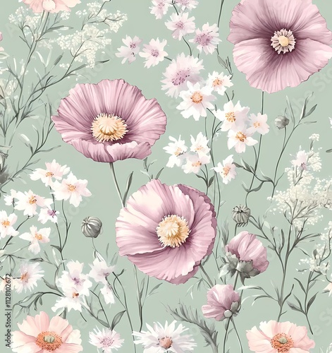 Wallpaper Mural A seamless pattern of watercolor pastel pink and lilac flowers, including poppies, daisies, cosmos, and pampas grass, on a mint green background Torontodigital.ca