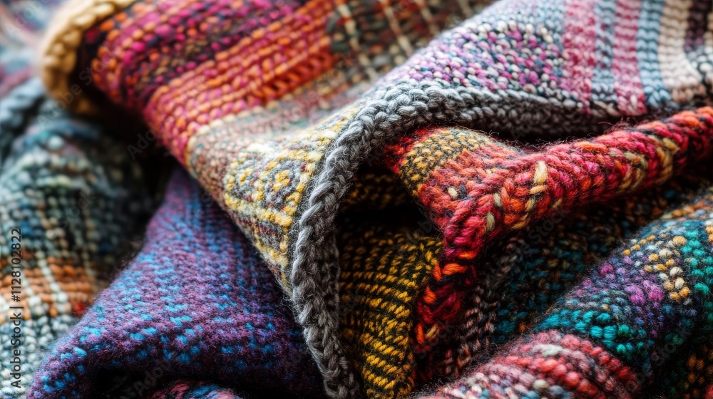 Colorful knitted plaid from different yarns, showcasing hobbies like knitting and needlework. Colorful knitted plaid from different yarns, showcasing hobbies like knitting and needlework.