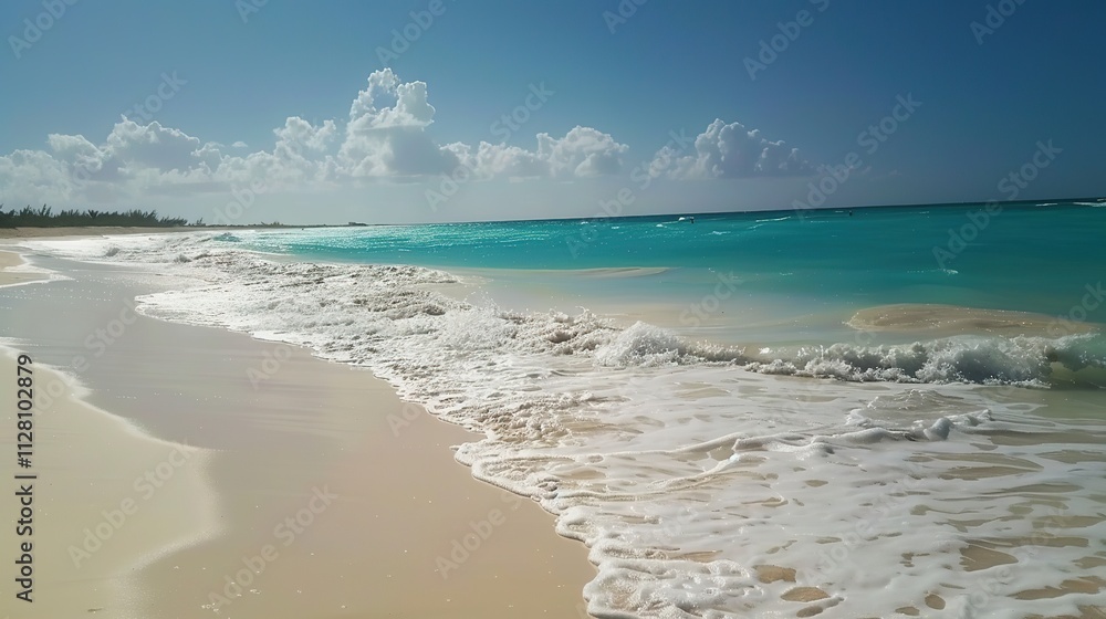 Beautiful Sandy Beach with Soft Blue Ocean Wave, Golden Sand, Gentle Ripple, Ideal Place for Relaxation and Enjoying the Seaside Scenery.