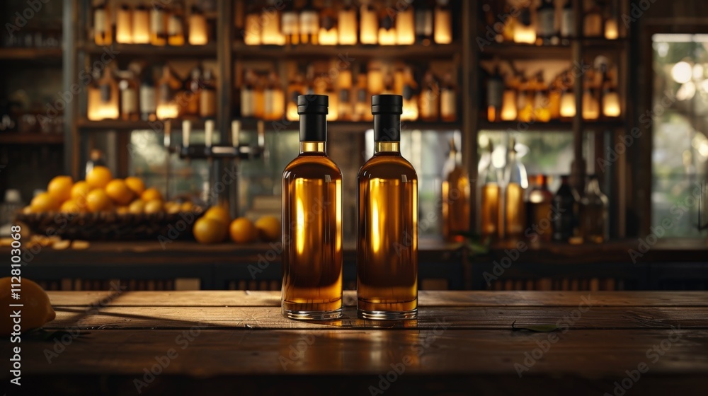 Rustic Bar Setting with Two Whiskey Bottles on Wooden Counter Surrounded by Dimly Lit Shelves Filled with Various Spirits and Citrus Fruitswhiskey Rustic Bar Setting with Two Whiskey Bottles on Wooden Counter Surrounded by Dimly Lit Shelves Filled with Various Spirits and Citrus Fruitswhiskey
