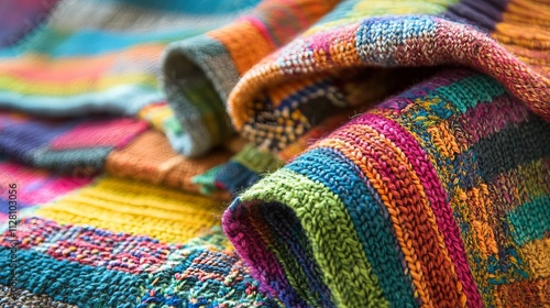 Colorful knitted plaid from different yarns, showcasing hobbies like knitting and needlework.