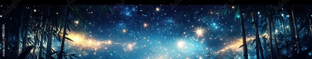 Night Sky with Shimmering Stars and Bamboo Leaves Fantasy Illustration Night Sky with Shimmering Stars and Bamboo Leaves Fantasy Illustration