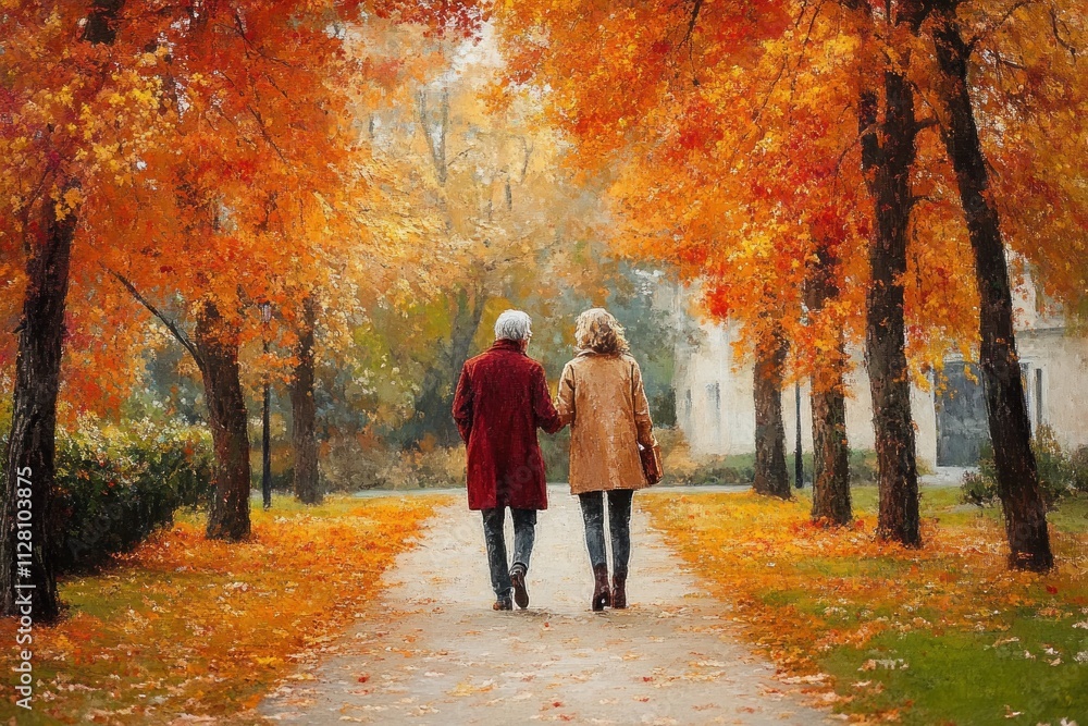 Grandmother and Granddaughter Walking Together in Autumn Park Hugging and Smiling Grandmother and Granddaughter Walking Together in Autumn Park Hugging and Smiling