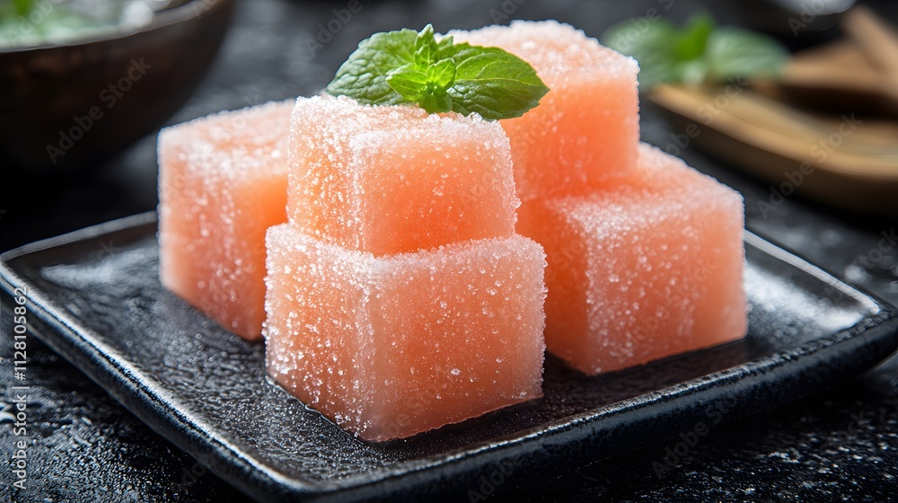 Watermelon Slush offers a refreshing treat with its vibrant pink cubes glistening with sugar crystals, enhanced by a sprig of mint, perfect for cooling off on a hot day. Watermelon Slush offers a refreshing treat with its vibrant pink cubes glistening with sugar crystals, enhanced by a sprig of mint, perfect for cooling off on a hot day.