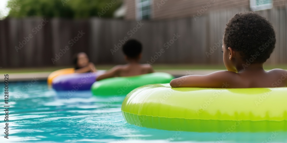 Obraz premium Three children are lounging on colorful inflatable rings in a swimming pool, representing joy, leisure, and the carefree spirit of summer while enjoying quality time together.