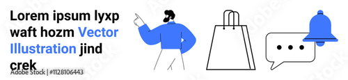 Man pointing with text placeholder, shopping bag, chat bubble, and notification bell in minimalist design. Ideal for e-commerce, business, communication, marketing, notifications online shopping