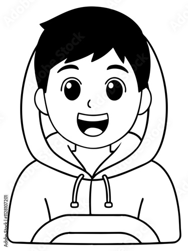 Cartoon Illustration of a Cute Young Boy with Black Hair and Brown Eyes Laughing