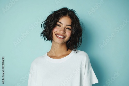 Portrait of a beautiful young woman in a white t-shirt against a blue background.