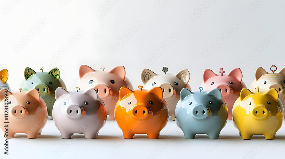 Piggy banks made of ceramic in different shapes (not just pigs) rendered in 3D and arranged on a white background, showing how to save money in various ways. Piggy banks made of ceramic in different shapes (not just pigs) rendered in 3D and arranged on a white background, showing how to save money in various ways.