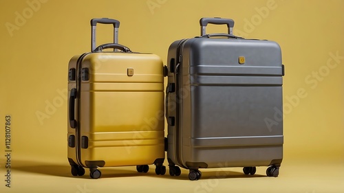 Studio Shot of Hard-Shell Suitcases in Yellow and Gray with Matte Finish and Swivel Wheels on Solid Yellow Background