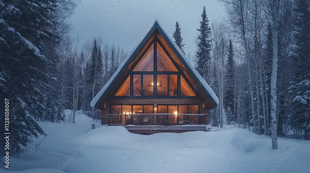 Snow-covered A-frame house with large windows, snowy forest around, soft winter light Snow-covered A-frame house with large windows, snowy forest around, soft winter light