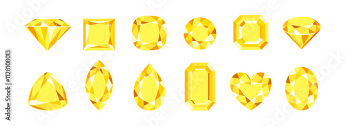 Yellow gemstones of different shapes isolated on white background. Diamond crystals set. Vector cartoon flat illustration.