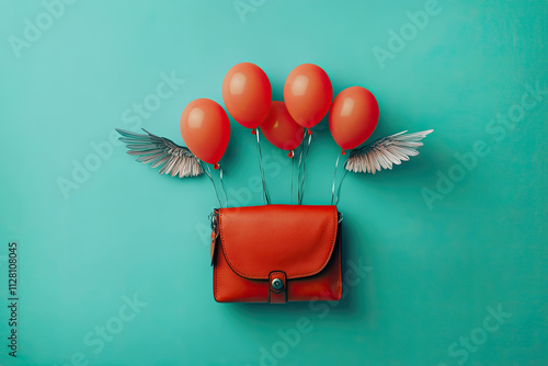 A wallet with attached balloons and small wings, symbolizing floating funds photo