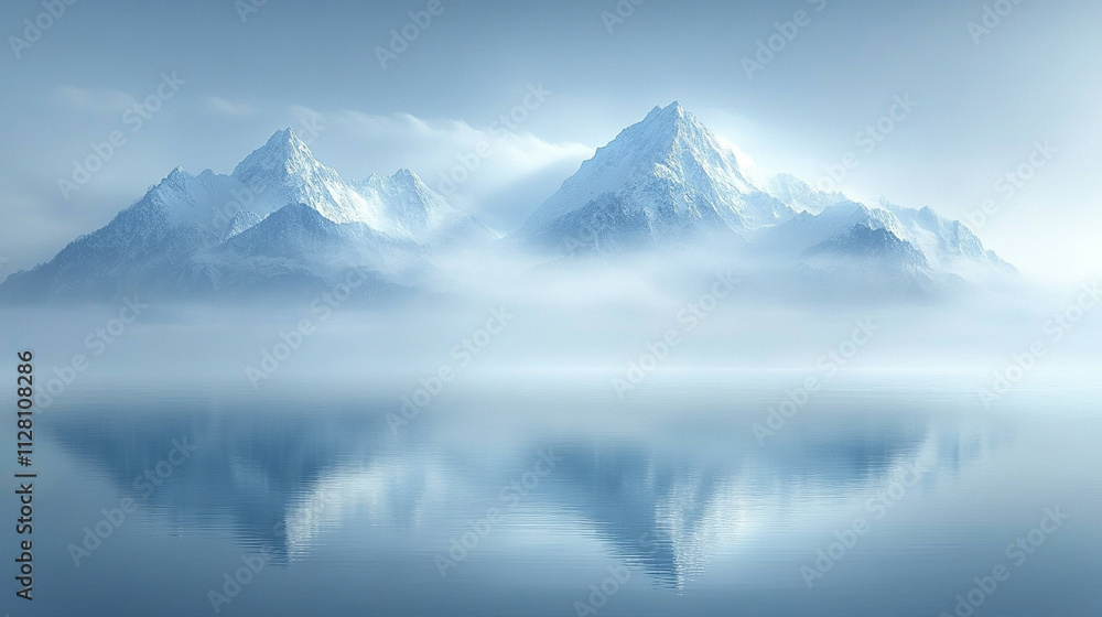 Majestic winter landscape of snow-covered mountains reflected in a tranquil lake surrounded by frosty trees serene atmosphere evoking peace solitude natural beauty and the timeless power of nature Majestic winter landscape of snow-covered mountains reflected in a tranquil lake surrounded by frosty trees serene atmosphere evoking peace solitude natural beauty and the timeless power of nature