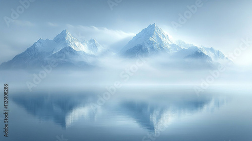 Majestic winter landscape of snow-covered mountains reflected in a tranquil lake surrounded by frosty trees serene atmosphere evoking peace solitude natural beauty and the timeless power of nature