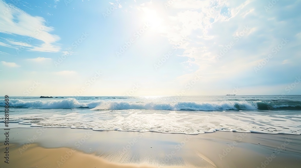 Beautiful Sandy Beach with Soft Blue Ocean Wave, Golden Sand, Gentle Ripple, Ideal Place for Relaxation and Enjoying the Seaside Scenery. Beautiful Sandy Beach with Soft Blue Ocean Wave, Golden Sand, Gentle Ripple, Ideal Place for Relaxation and Enjoying the Seaside Scenery.
