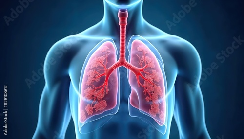 Human Respiratory System Showing Lungs and Airways with Detailed Bronchial Tree and Alveoli Illustration