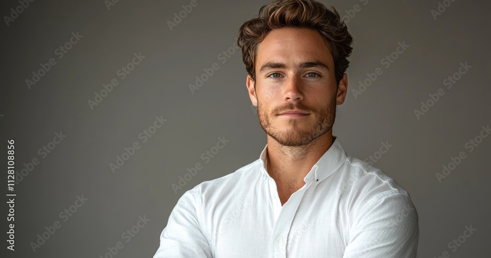 Obraz premium Confident Young Businessman Smiling in White Shirt Against Minimalistic Background