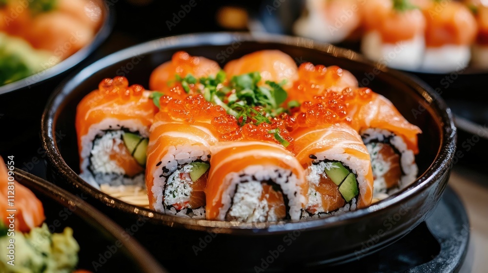 Exquisite Japanese Sushi Delicacies Beautifully Arranged on Plates Showcasing the Culinary and Flavorful Cultural Cuisine Served at Themed Brunch Restaurants Exquisite Japanese Sushi Delicacies Beautifully Arranged on Plates Showcasing the Culinary and Flavorful Cultural Cuisine Served at Themed Brunch Restaurants