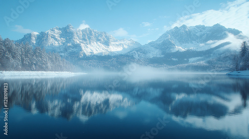 Wallpaper Mural Majestic winter landscape of snow-covered mountains reflected in a tranquil lake surrounded by frosty trees serene atmosphere evoking peace solitude natural beauty and the timeless power of nature Torontodigital.ca