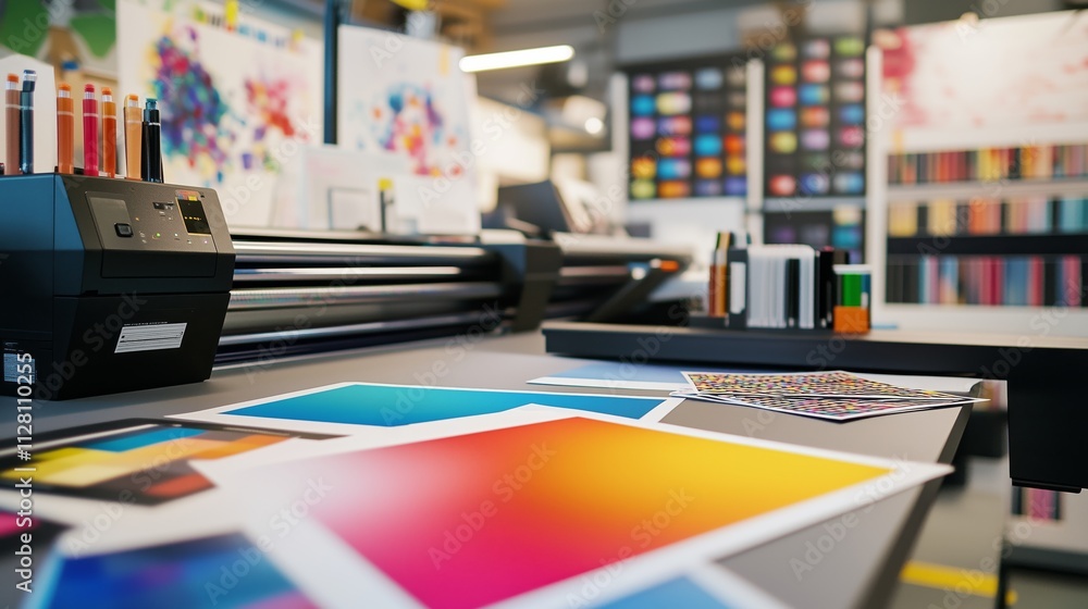 A vibrant print studio buzzes with color, showcasing brochures and posters amid modern equipment. A vibrant print studio buzzes with color, showcasing brochures and posters amid modern equipment.