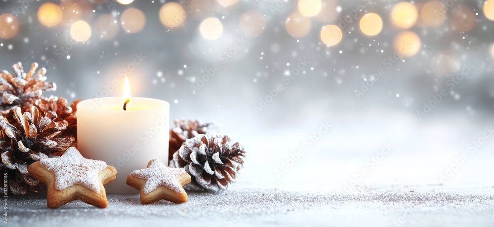 Christmas advent celebration background with white candles, star-shaped cookies and pine cones. Christmas advent celebration background with white candles, star-shaped cookies and pine cones.