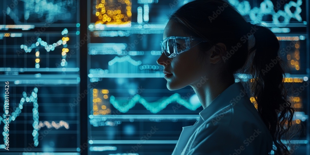 Woman Scientist Analyzing Data on Screens Genomics Biotech Research Woman Scientist Analyzing Data on Screens Genomics Biotech Research