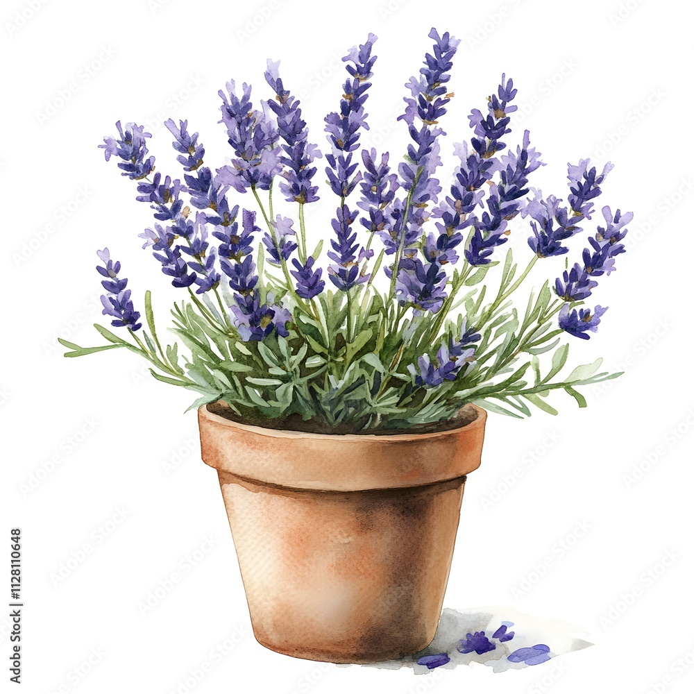 Fototapeta premium Lavender in Bloom: A watercolor illustration of a vibrant lavender plant in a terracotta pot, showcasing the delicate purple flowers and lush green foliage.