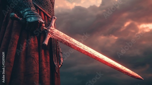 Fantasy concept. Sword-wielding warrior against a dramatic sky. photo