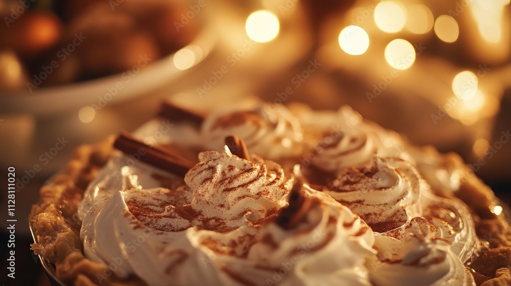 A close-up of a delicious pie topped with whipped cream and chocolate sticks, set against warm lights. A close-up of a delicious pie topped with whipped cream and chocolate sticks, set against warm lights.