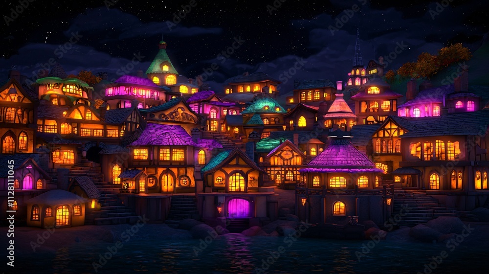 Fantasy concept. Colorful illuminated village at night with snowy rooftops and a starry sky. Fantasy concept. Colorful illuminated village at night with snowy rooftops and a starry sky.