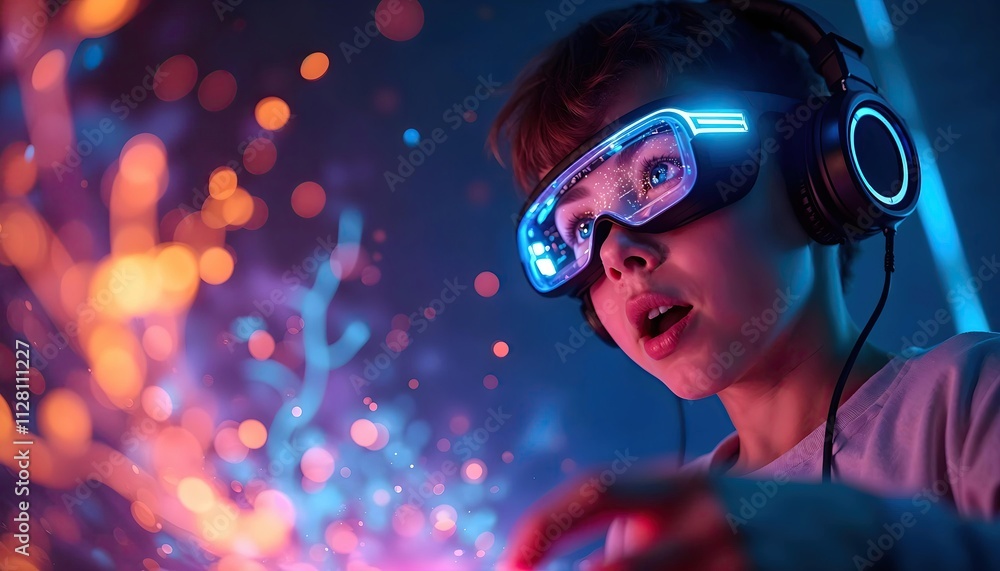 Child Immersed in Virtual Reality Gaming with Futuristic Goggles and Headset Surrounded by Neon Lights Child Immersed in Virtual Reality Gaming with Futuristic Goggles and Headset Surrounded by Neon Lights