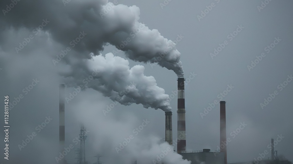 Large industrial chimneys releasing thick white smoke into a foggy atmosphere, creating a striking visual of environmental impact and highlighting ongoing issues of air pollution and climate change Large industrial chimneys releasing thick white smoke into a foggy atmosphere, creating a striking visual of environmental impact and highlighting ongoing issues of air pollution and climate change
