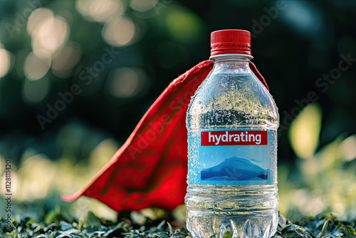 A bottle of water with a superhero cape, 