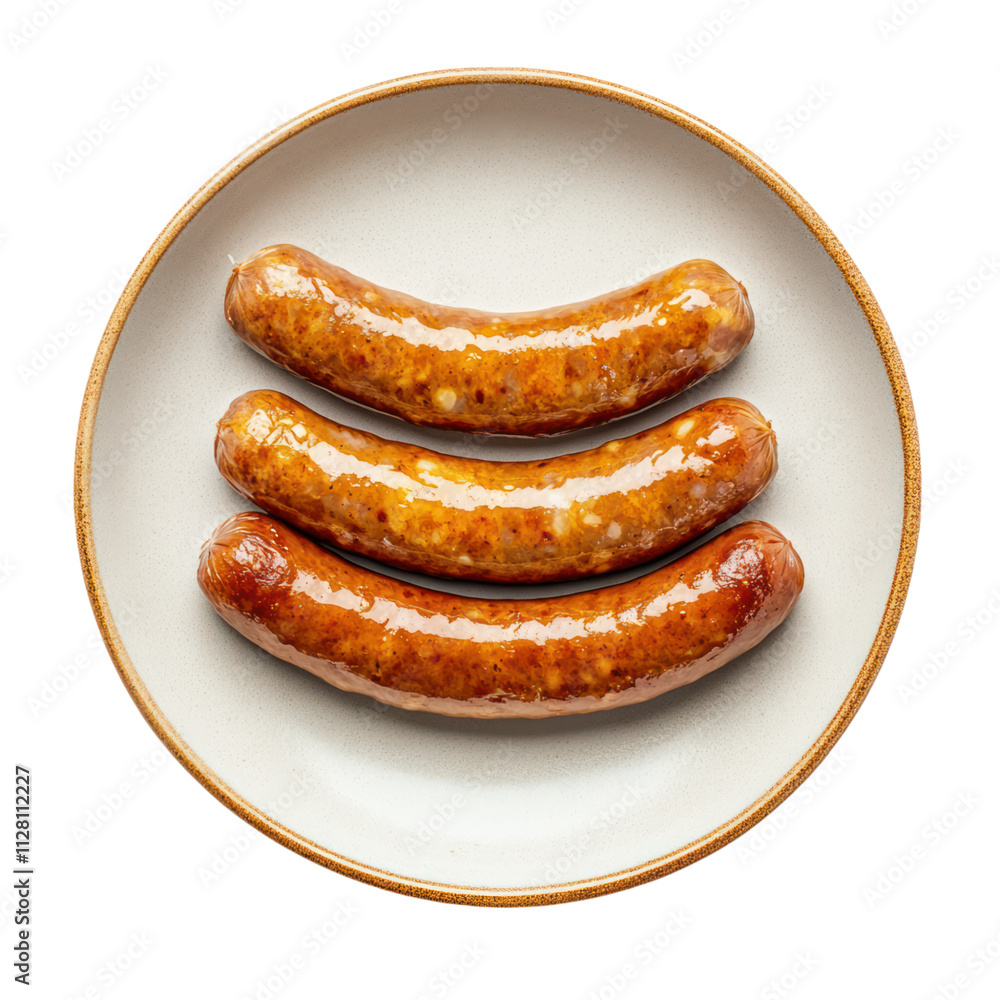 Three Grilled Sausages on a Plate on Transparent Background Three Grilled Sausages on a Plate on Transparent Background
