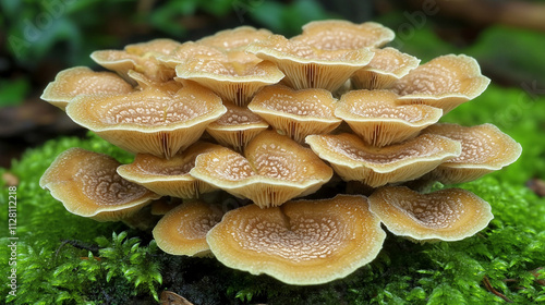 Mushrooms growing on vibrant green moss in a serene forest setting evoking themes of growth renewal and connection to nature symbolizing resilience and the interconnectedness of ecosystems photo