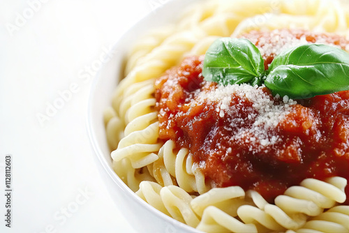 Fusilli pasta with sauce on white background photo