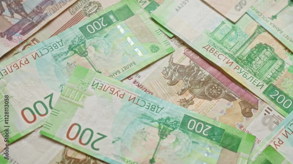 Russian ruble banknotes scattered on a flat surface showcasing various denominations in vibrant green and red hues, highlighting the currency's intricate designs and details. Russian ruble banknotes scattered on a flat surface showcasing various denominations in vibrant green and red hues, highlighting the currency's intricate designs and details.