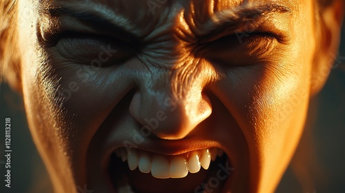 A close-up of a person expressing intense emotion through a loud scream.