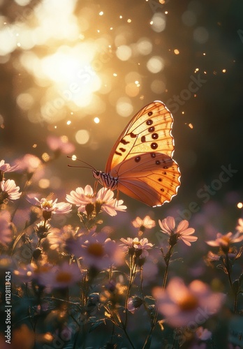 Enchanting Butterfly in Sunlit Wildflowers Amongst Trees in a Dreamy Landscape