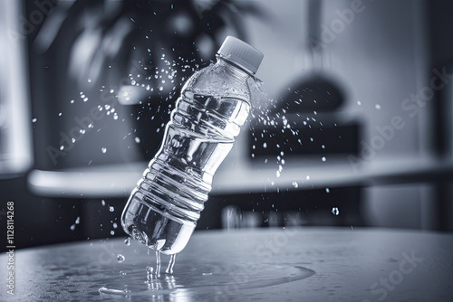 A water bottle doing jumping jacks, spraying tiny drops of water like confetti photo